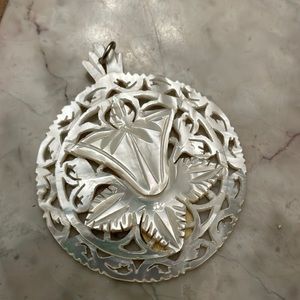 Large Vintage Hand Carved Mother of Pearl Flower Pendant Shell Boho Necklace